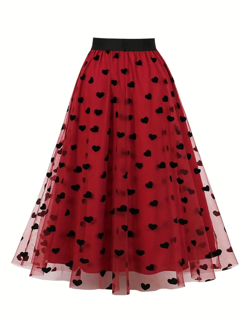 Heart Pattern Mesh A-line Skirt