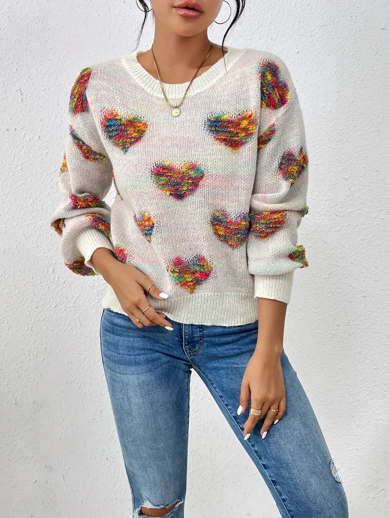 Colorful Heart Pattern Pullover Sweater
