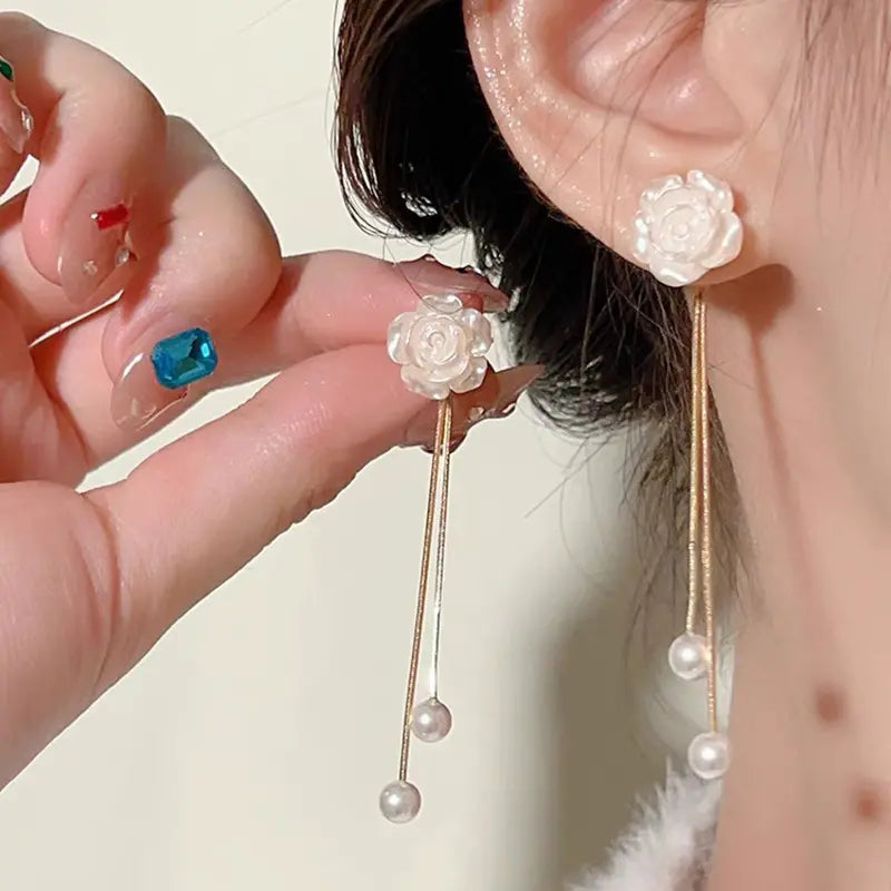 Pearl Flower Tassel Dangle Earrings