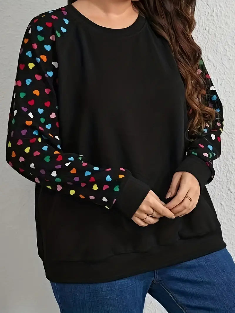 Heart Print Sleeve Pullover Sweatshirt