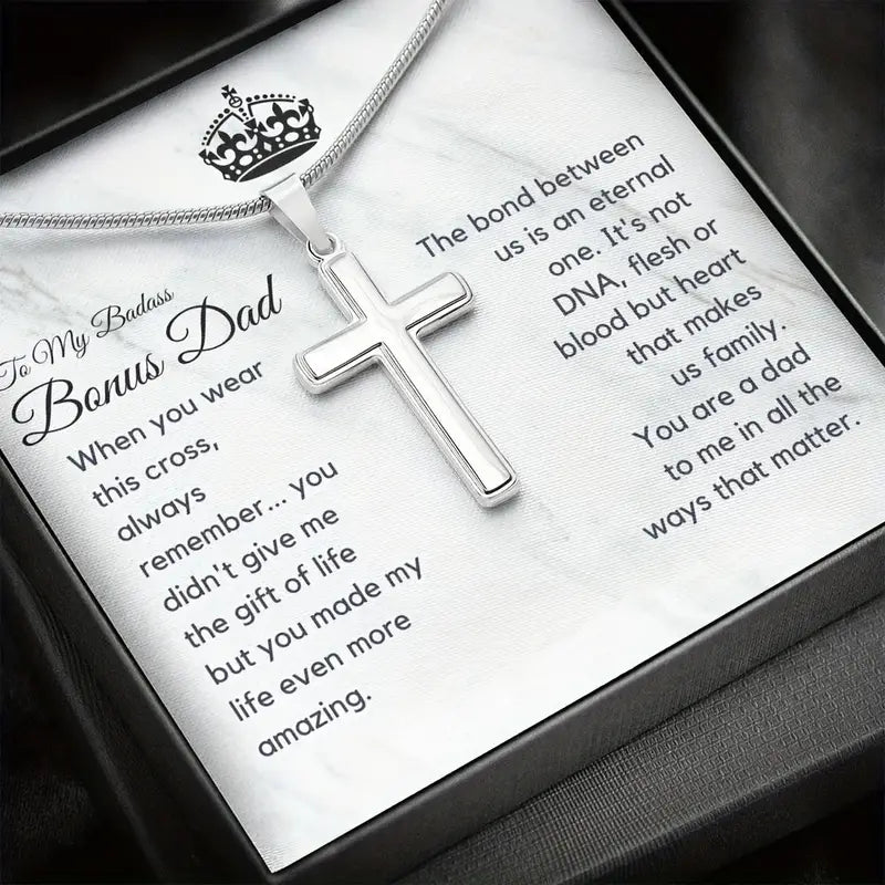 To My Badass Bonus Dad- Classic Cross Pendant Necklace