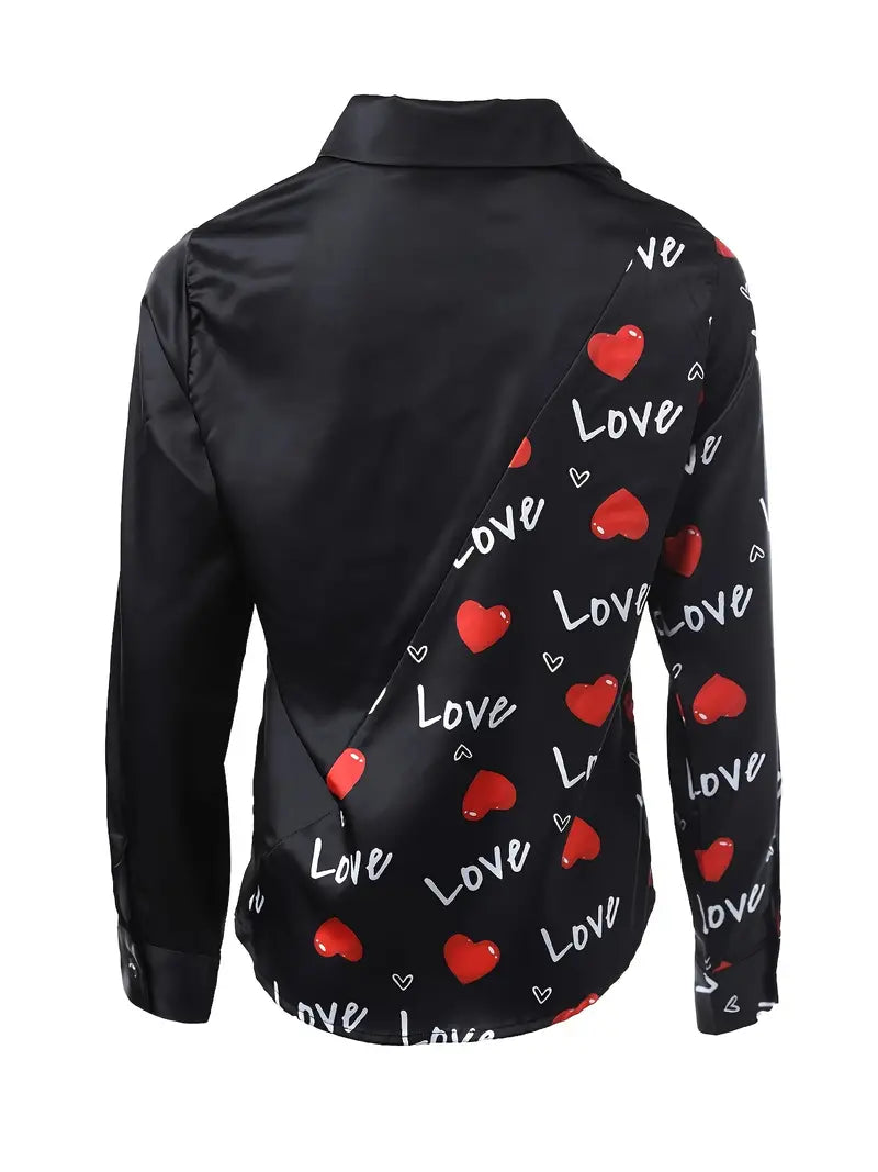 Heart & Love Print Button Front Shirt