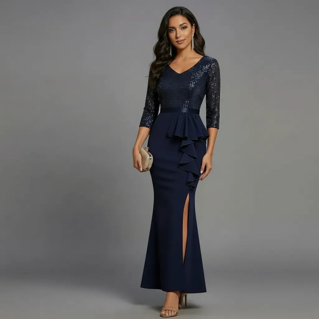 Elegant V Neck 3/4 Sleeve Split Sequin Party Dress