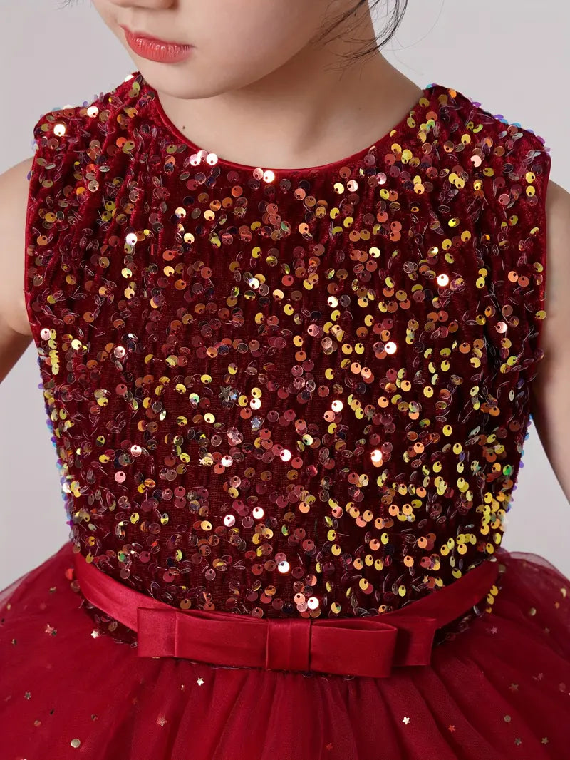 Girls' Glitter Sequin Bow Belt High Low Tail Mesh Princess Dress