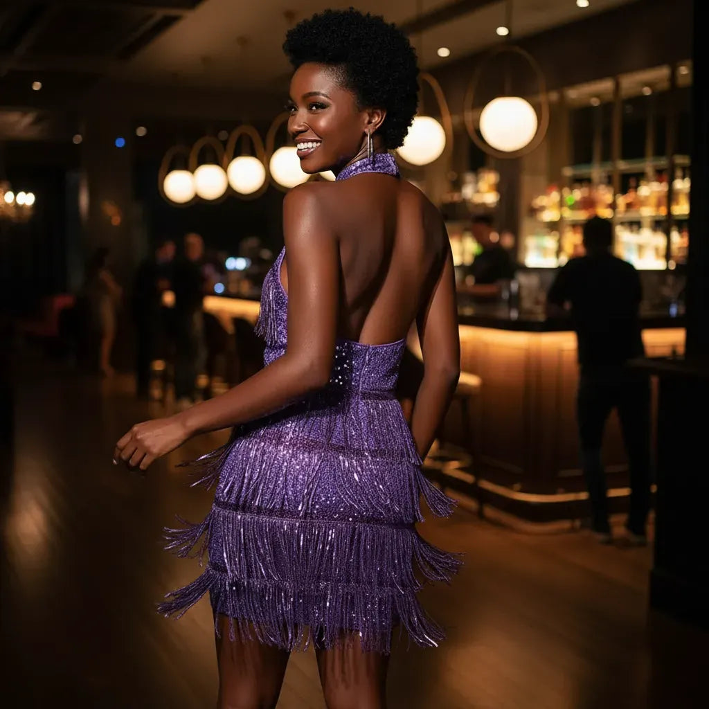 Halter Neck Tassels Bodycon Backless Hoco Cocktail Party Dress