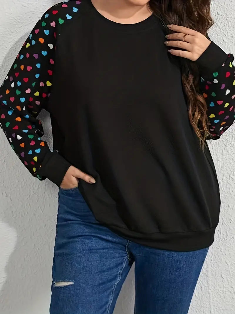 Heart Print Sleeve Pullover Sweatshirt
