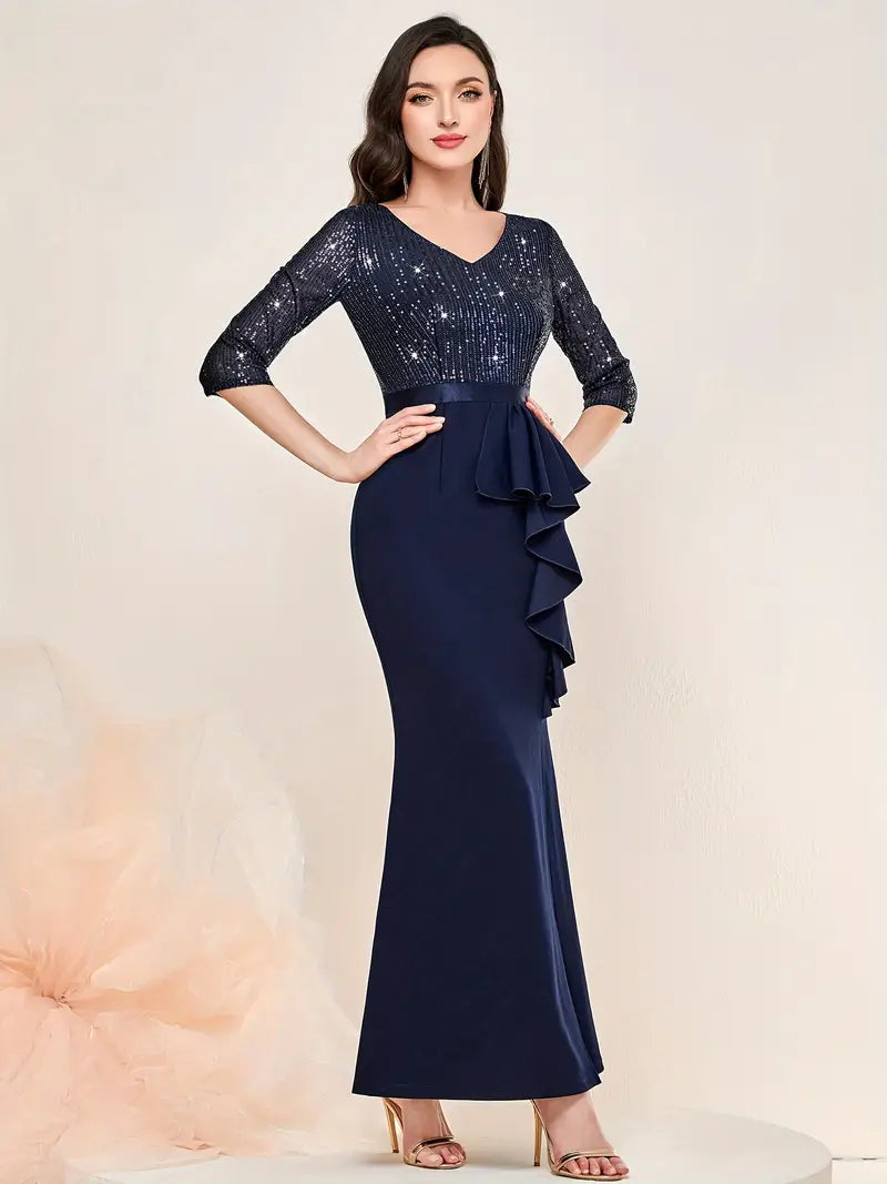Elegant V Neck 3/4 Sleeve Split Sequin Party Dress