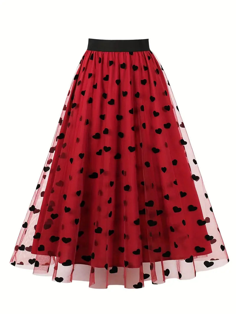 Heart Pattern Mesh A-line Skirt