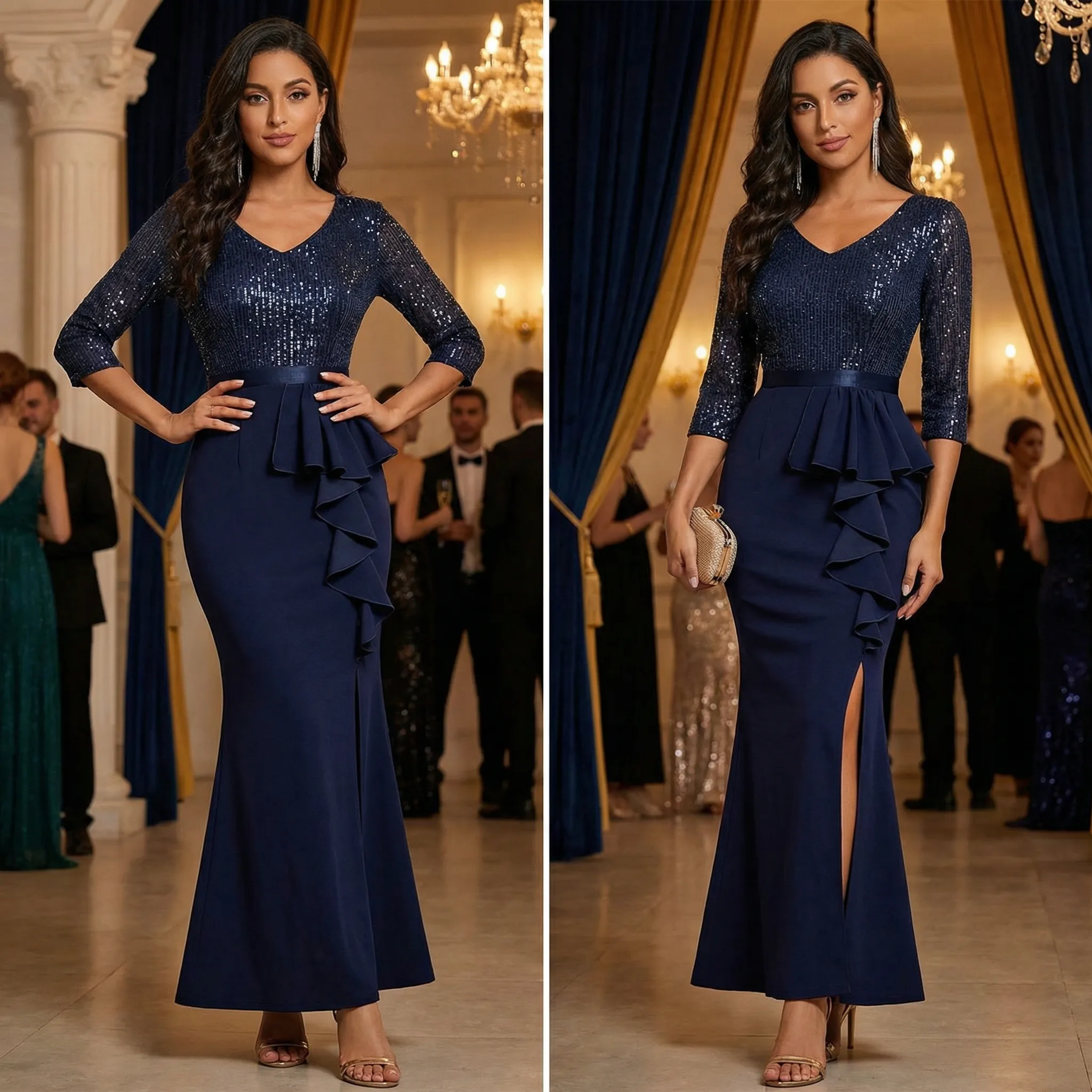 Elegant V Neck 3/4 Sleeve Split Sequin Party Dress