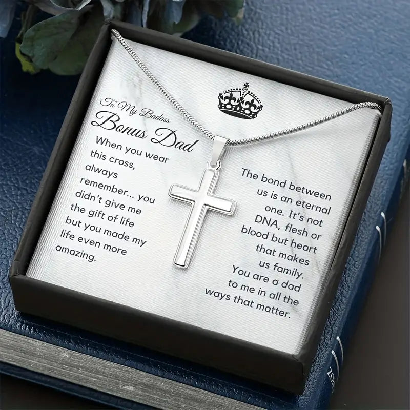 To My Badass Bonus Dad- Classic Cross Pendant Necklace