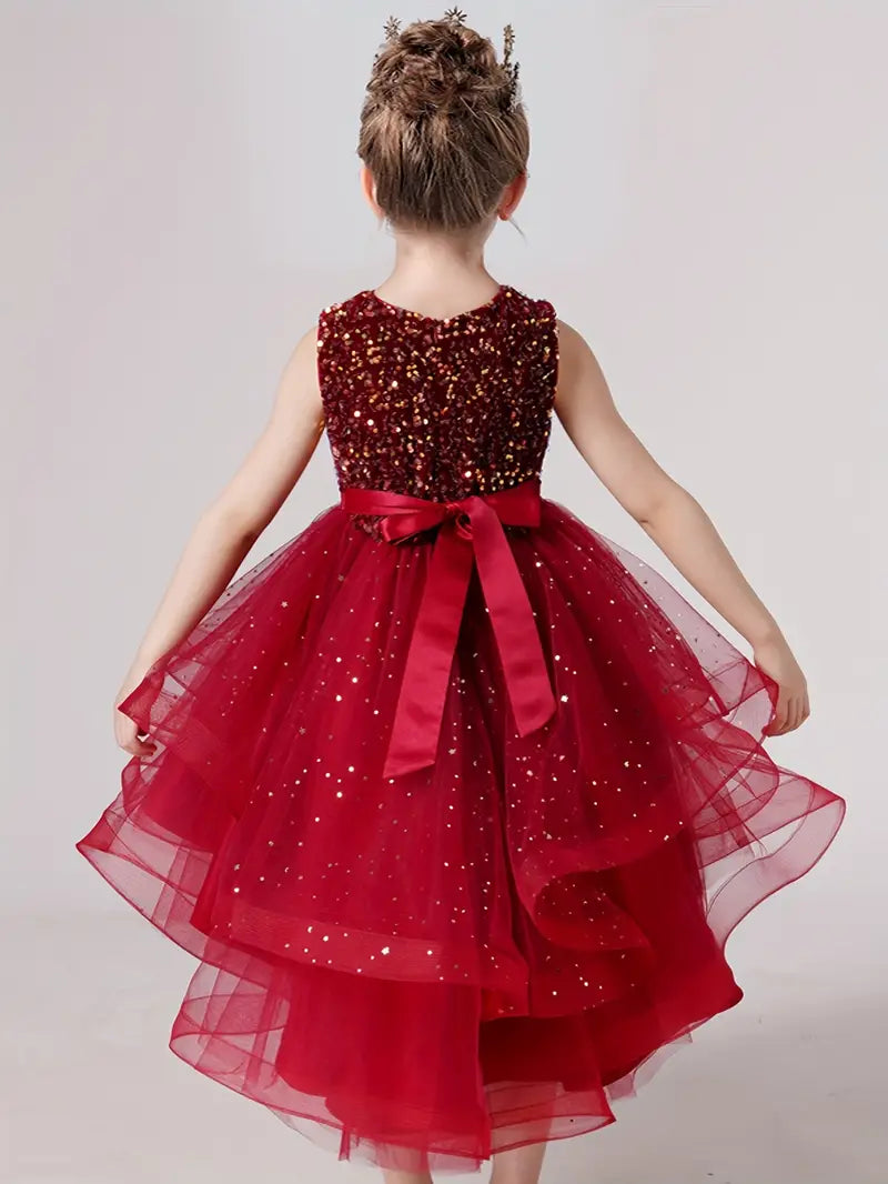 Girls' Glitter Sequin Bow Belt High Low Tail Mesh Princess Dress