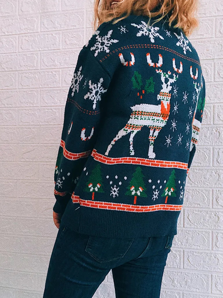 Christmas Themed Elk Snowflake Christmas Tree Knit Sweater