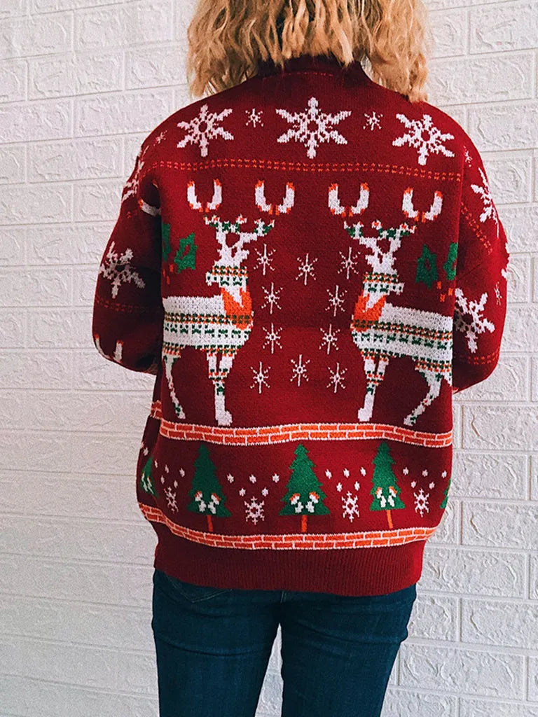 Christmas Themed Elk Snowflake Christmas Tree Knit Sweater