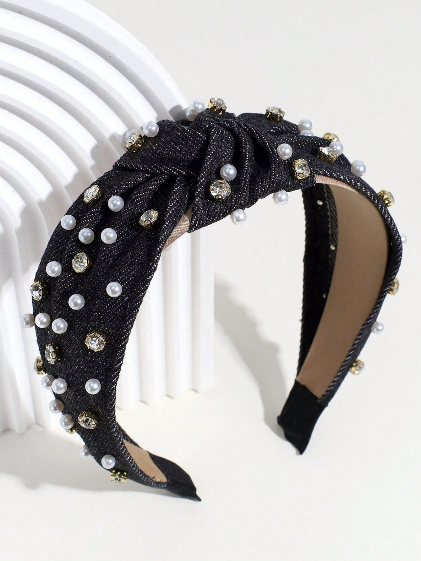 Rhinestone Faux Pearl Denim Knot Headband