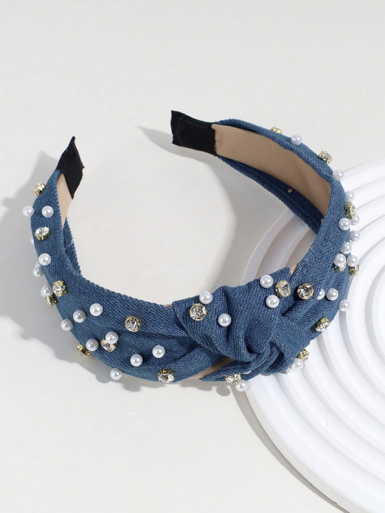 Rhinestone Faux Pearl Denim Knot Headband