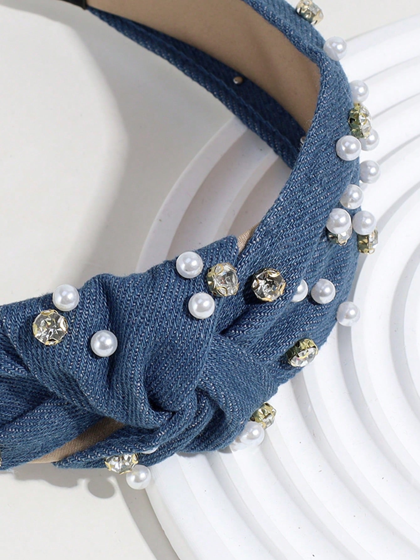 Rhinestone Faux Pearl Denim Knot Headband