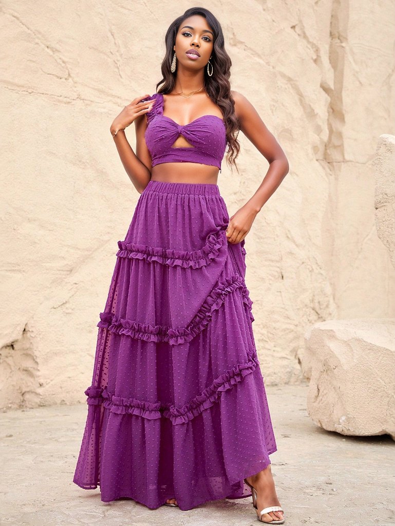 Swiss Dot One Shoulder Crop Top Frill Trim Skirt