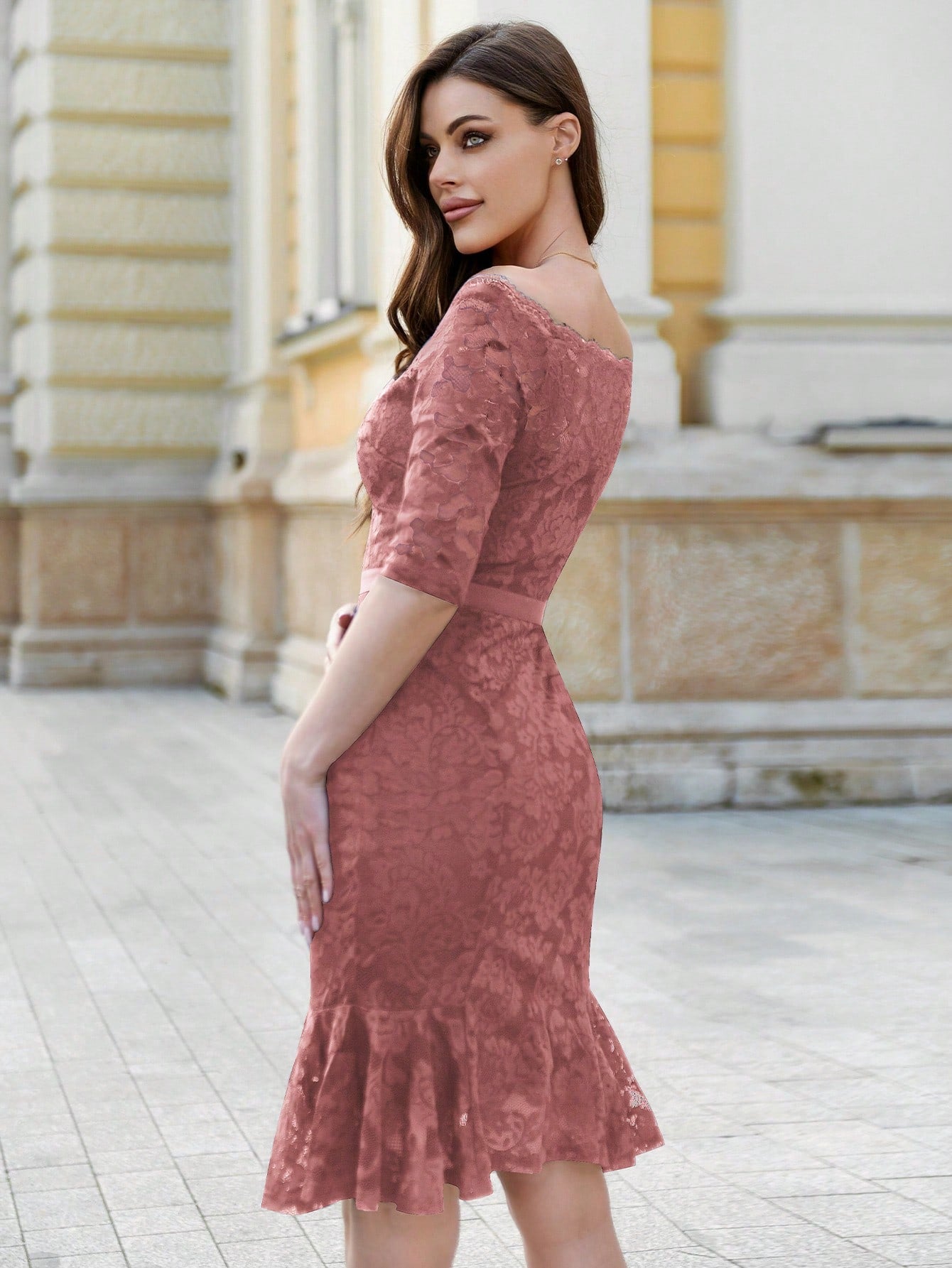 Off Shoulder Hem Lace Cocktail Party