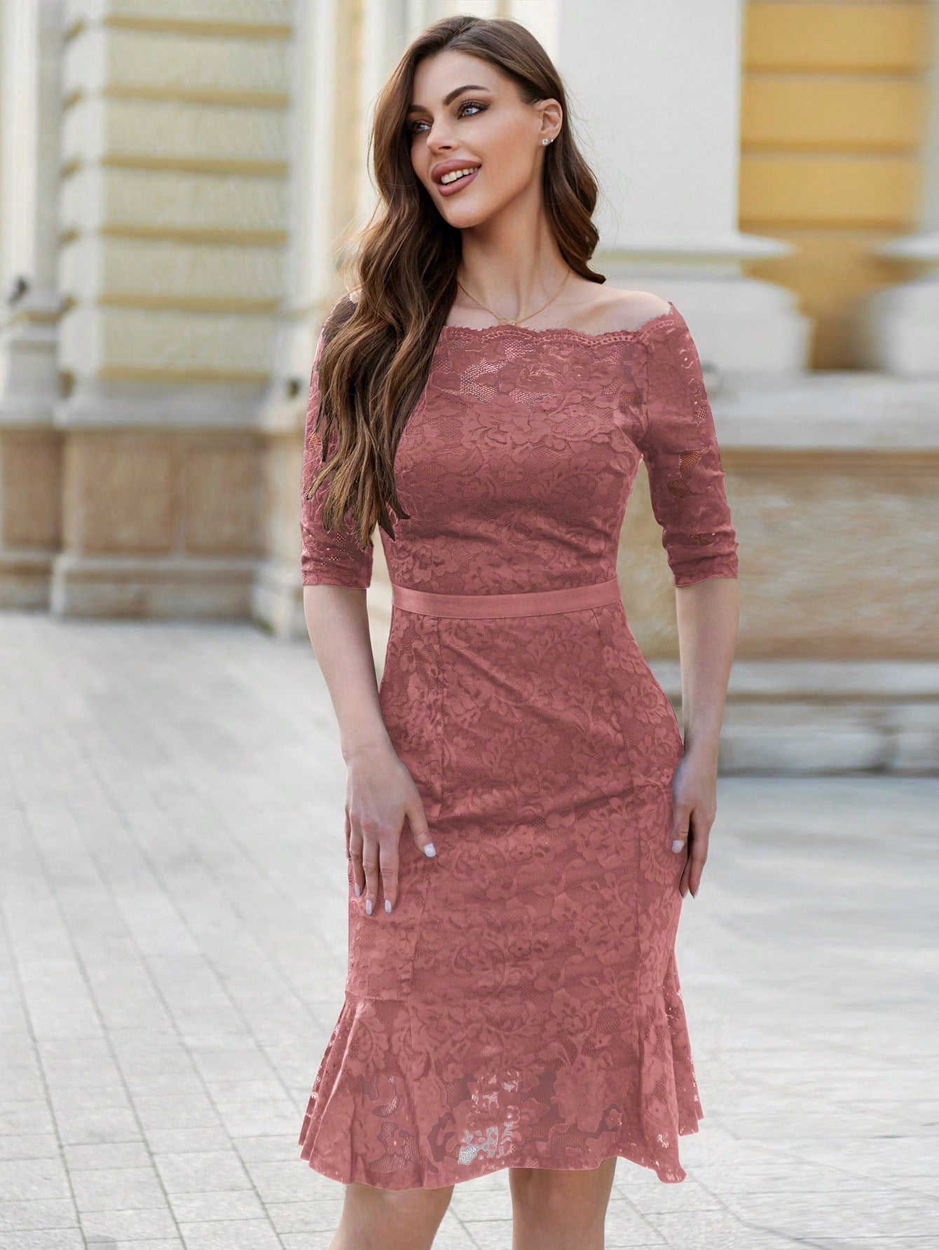Off Shoulder Hem Lace Cocktail Party
