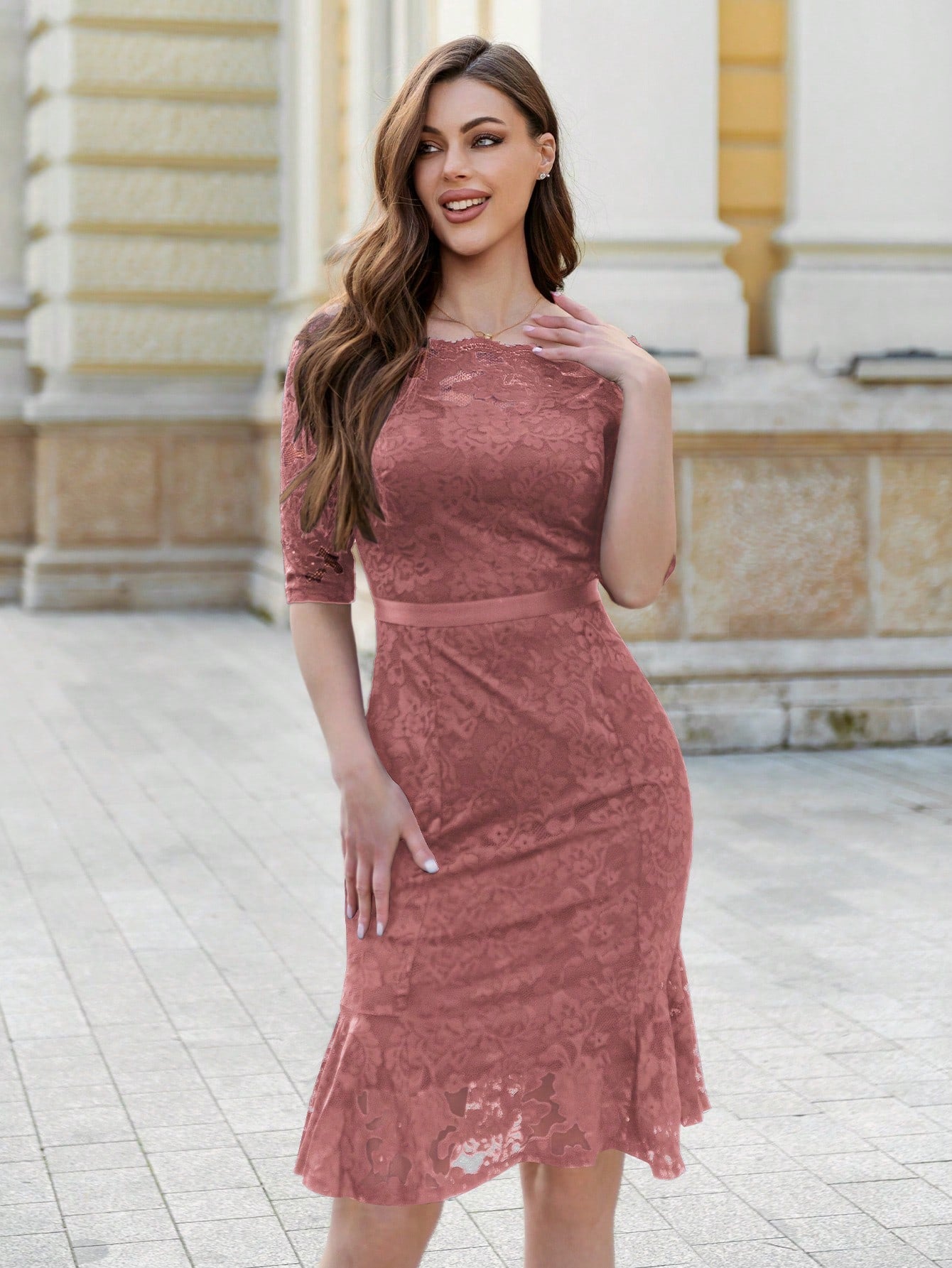 Off Shoulder Hem Lace Cocktail Party