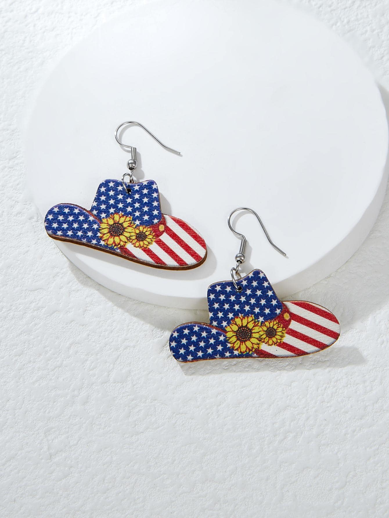 Wooden Americana Hat Drop Earrings