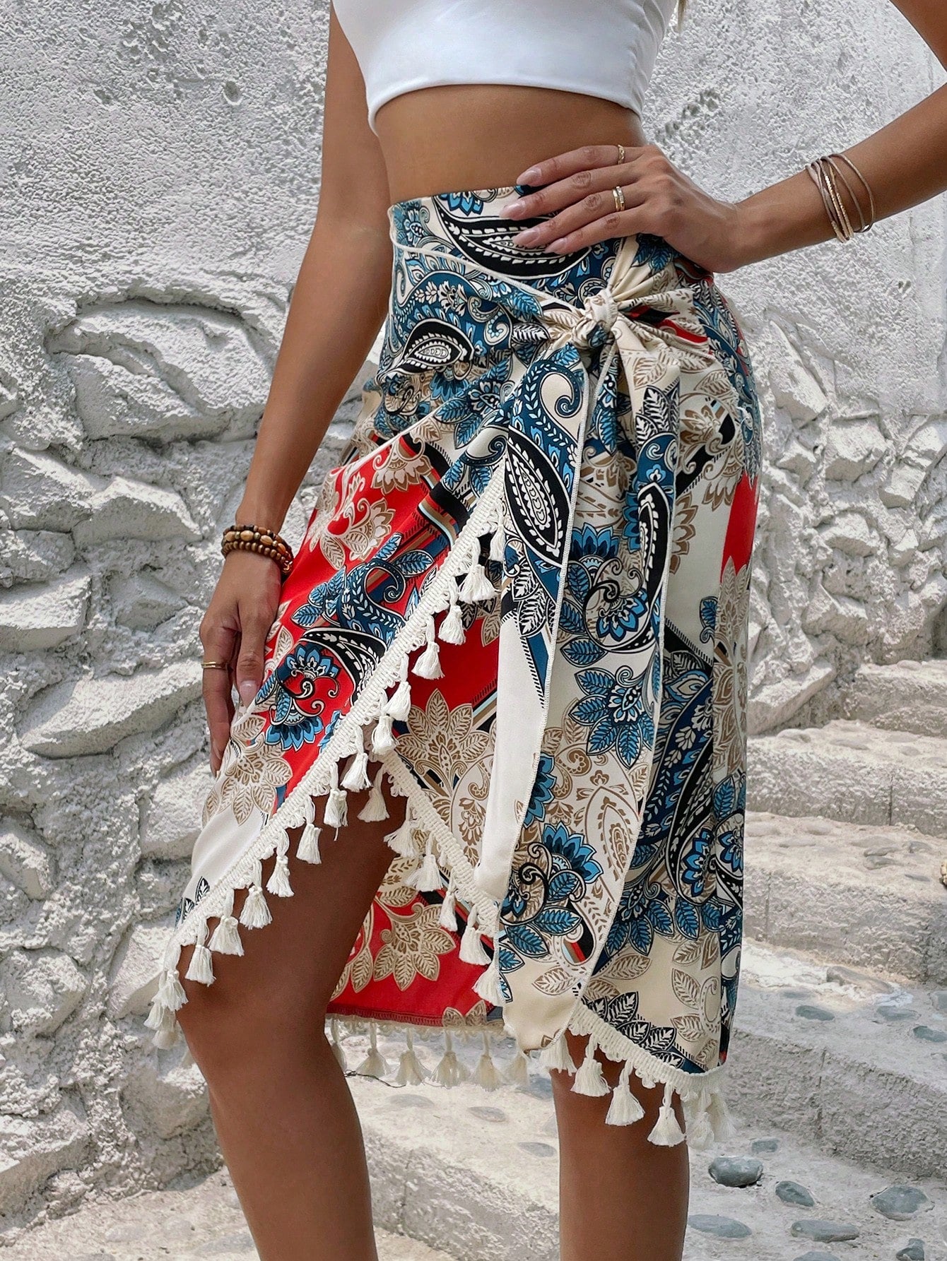 Tassel Trim Wrap Knot Side Skirt