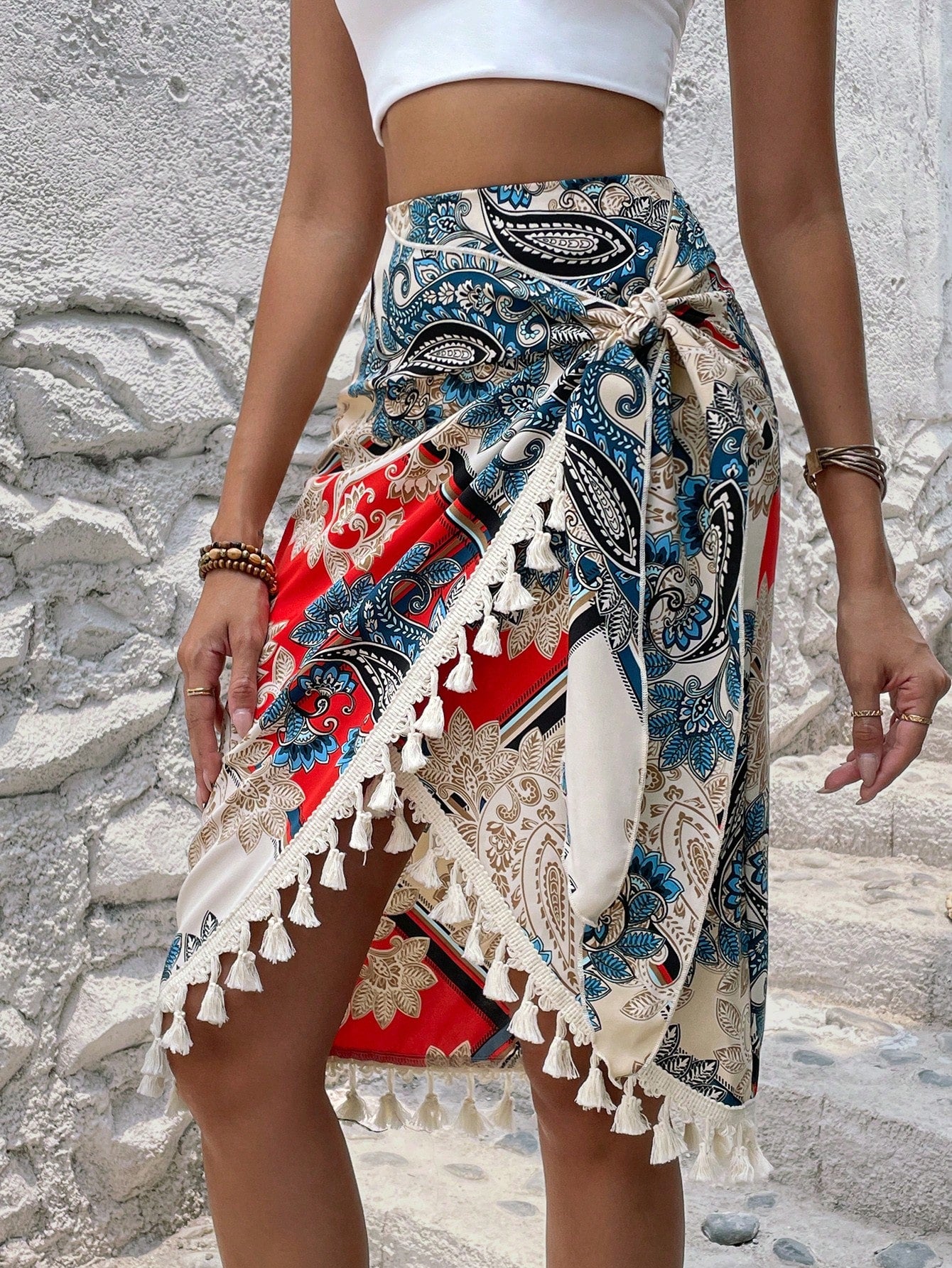Tassel Trim Wrap Knot Side Skirt