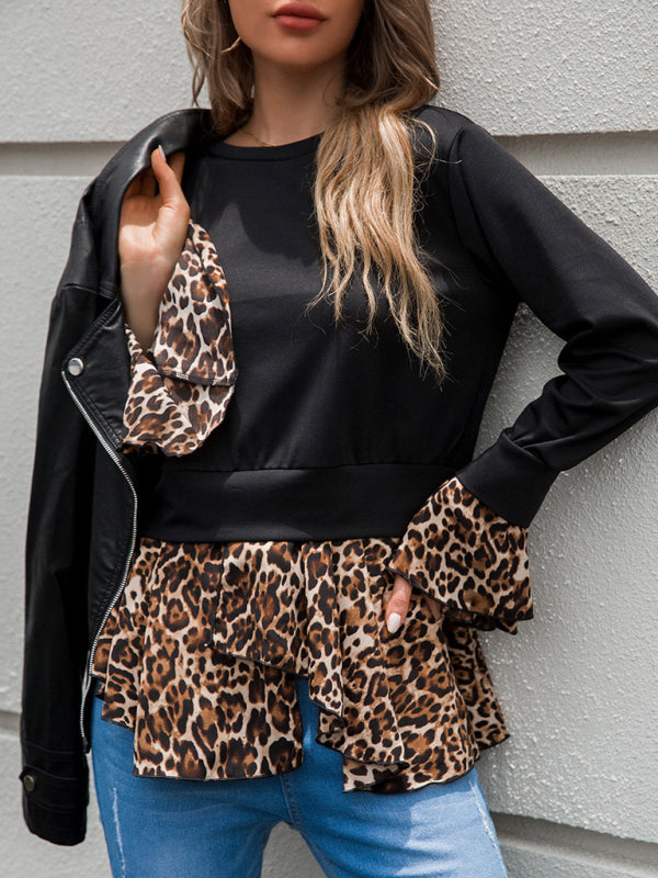 Women’s Crew Neckline Combo Long Sleeve Sweatshirt With Leopard Print