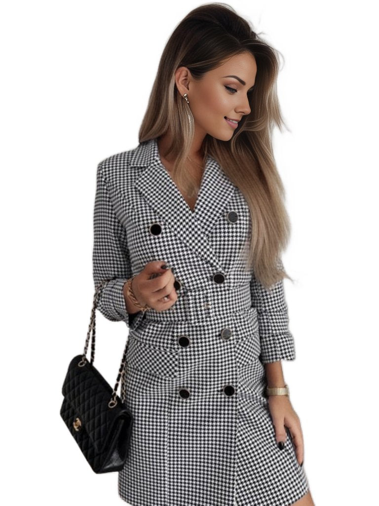 Women's Houndstooth Double Breasted Long Sleeve Belted Blazer Mini Dress