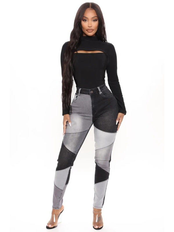 Women's High Waist Color Block Skinny Jeans