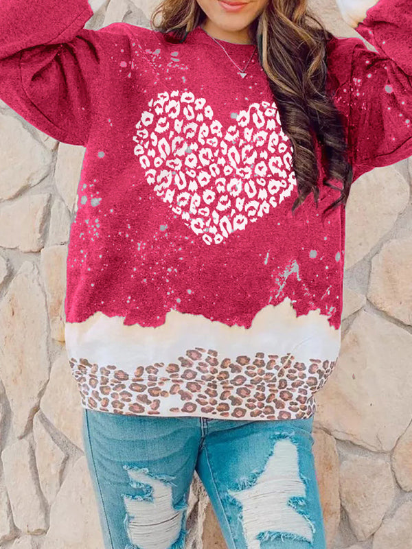 Women's Color Block Heart-Shaped Leopard Prints Sweatshirt