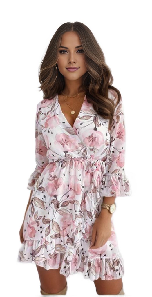 European And American Sexy V-Neck Printed Tie Casual Foreign Trade Nine-Quarter-Sleeve Ruffled Dress