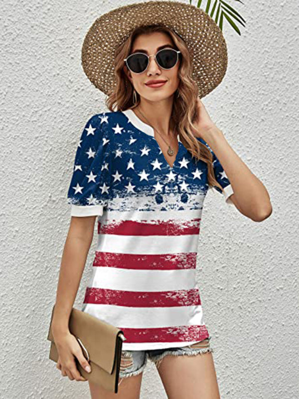 Women's V-Neck Flag Print Short Sleeve T-Shirt
