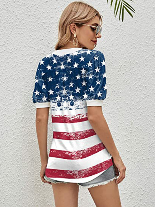 Women's V-Neck Flag Print Short Sleeve T-Shirt
