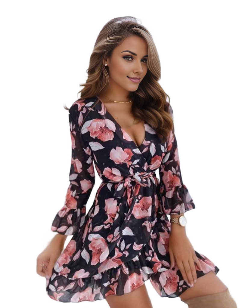 European And American Sexy V-Neck Printed Tie Casual Foreign Trade Nine-Quarter-Sleeve Ruffled Dress